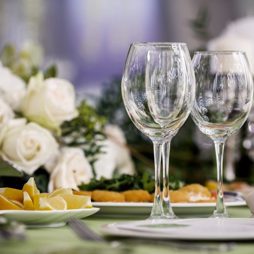 Empty glasses in restaurant. Table setting for celebration