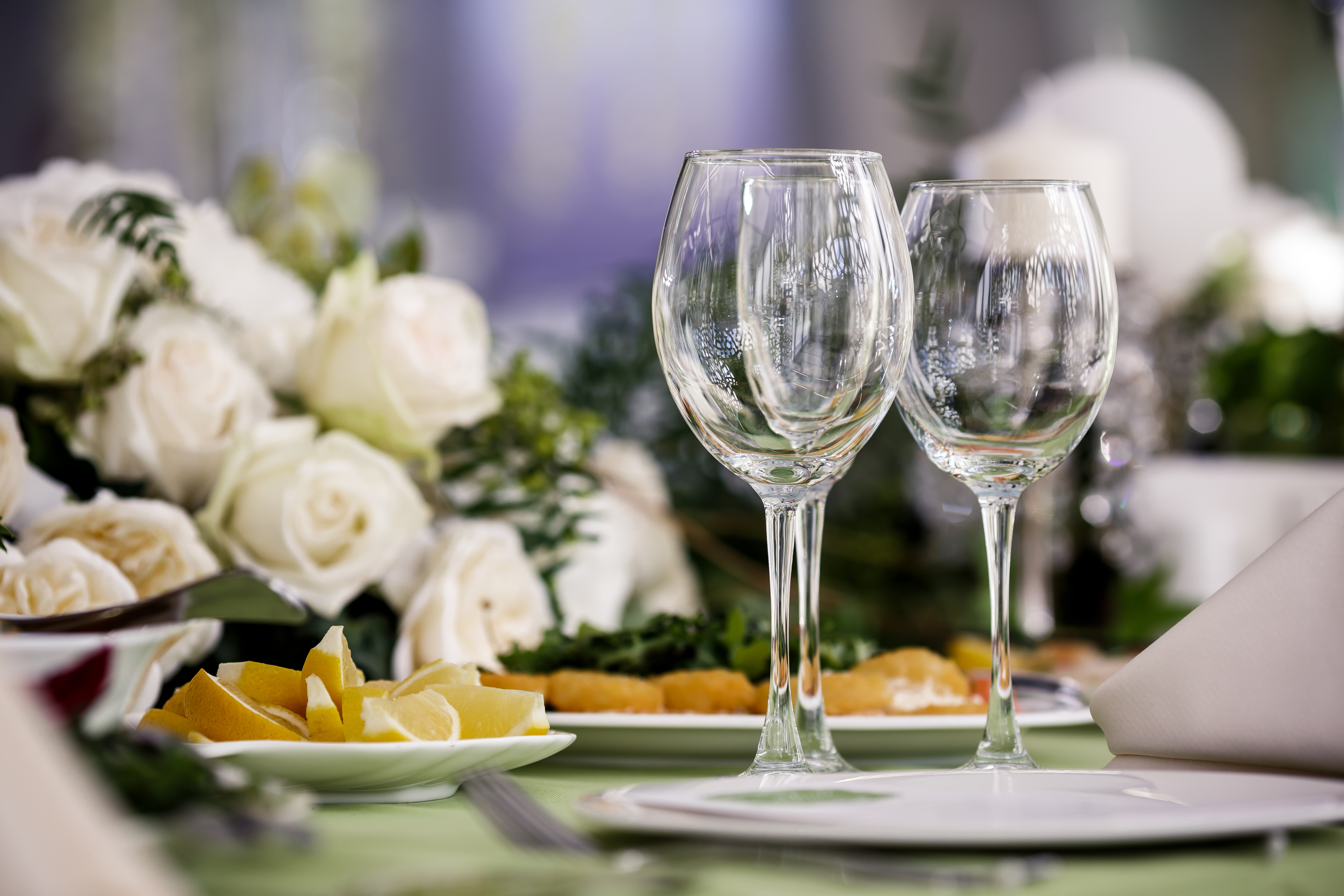 Empty glasses in restaurant. Table setting for celebration